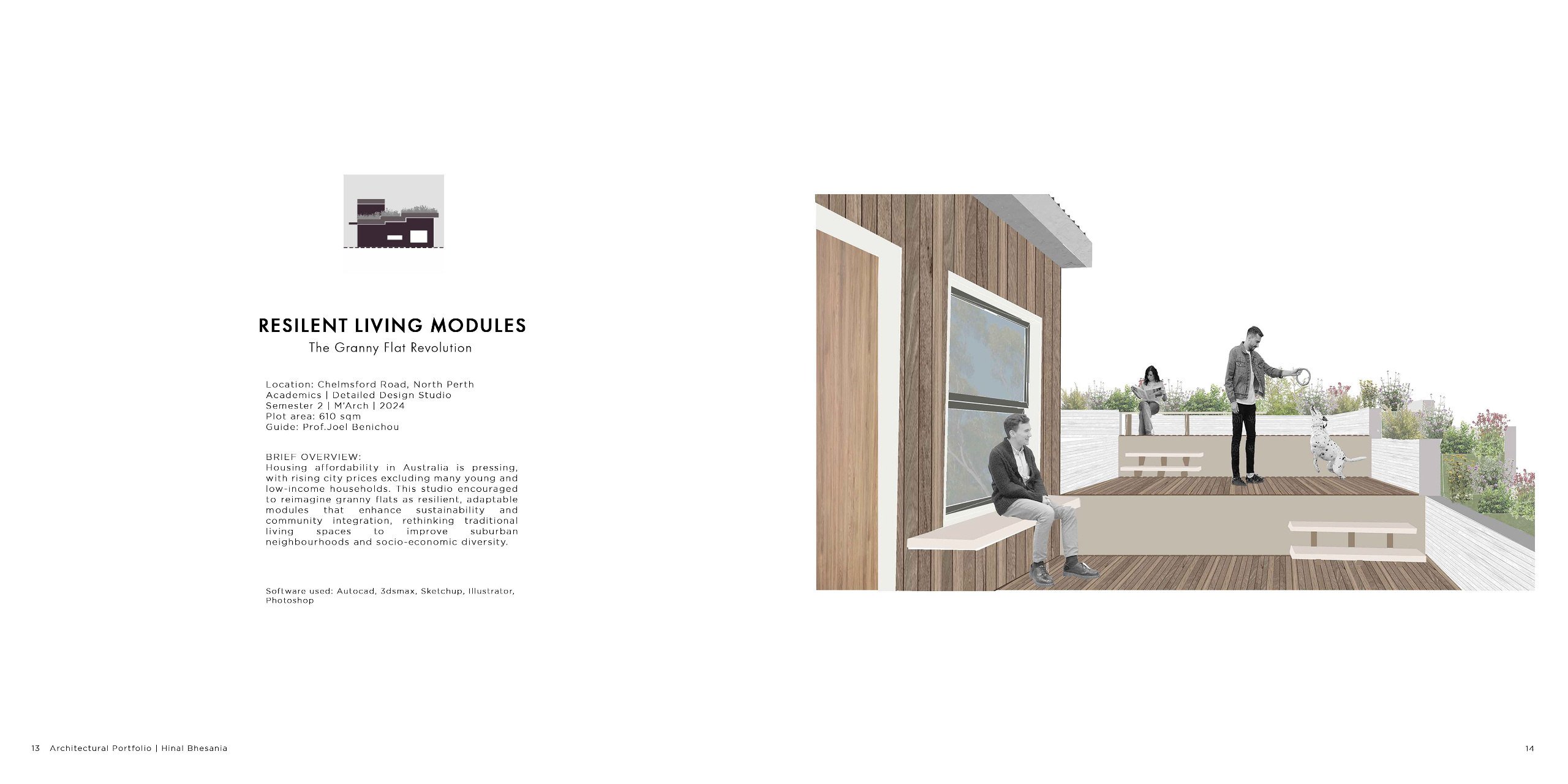 A modern reimagining of granny flats as adaptable, resilient living modules that promote community connection and sustainability. Designed to address housing affordability in Perth through innovative modular architecture.