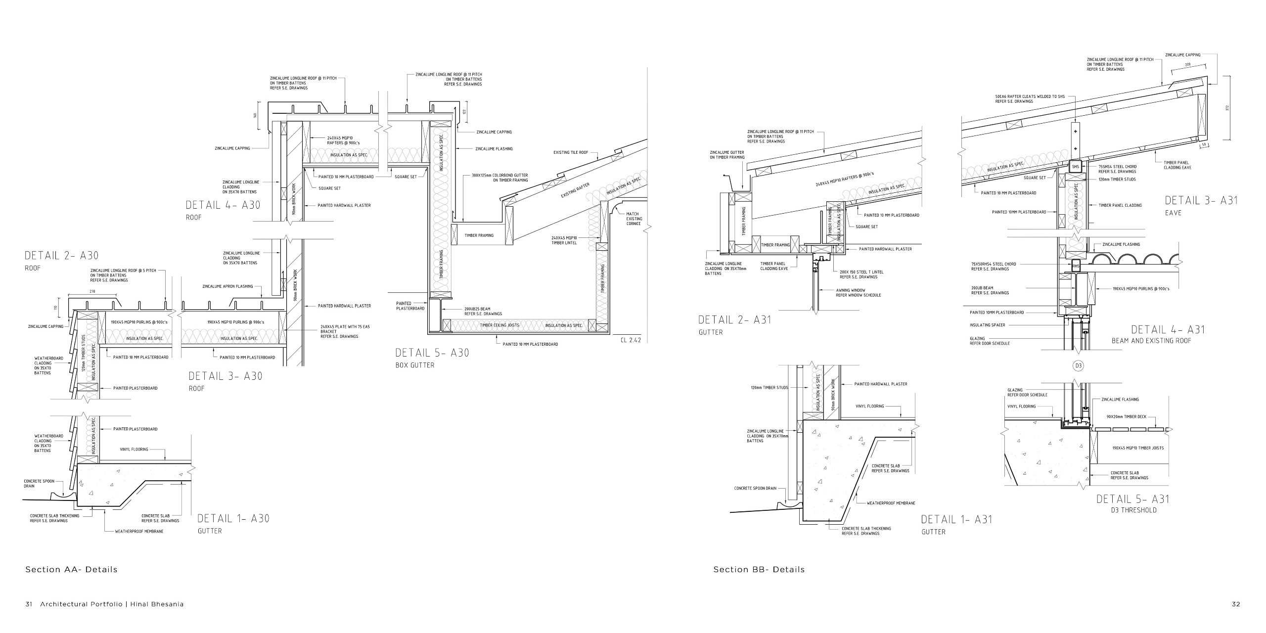 Technical sections showcasing construction junctions, roofing details, and structural connections. These precise architectural details ensure durability, weatherproofing, and aesthetic consistency.