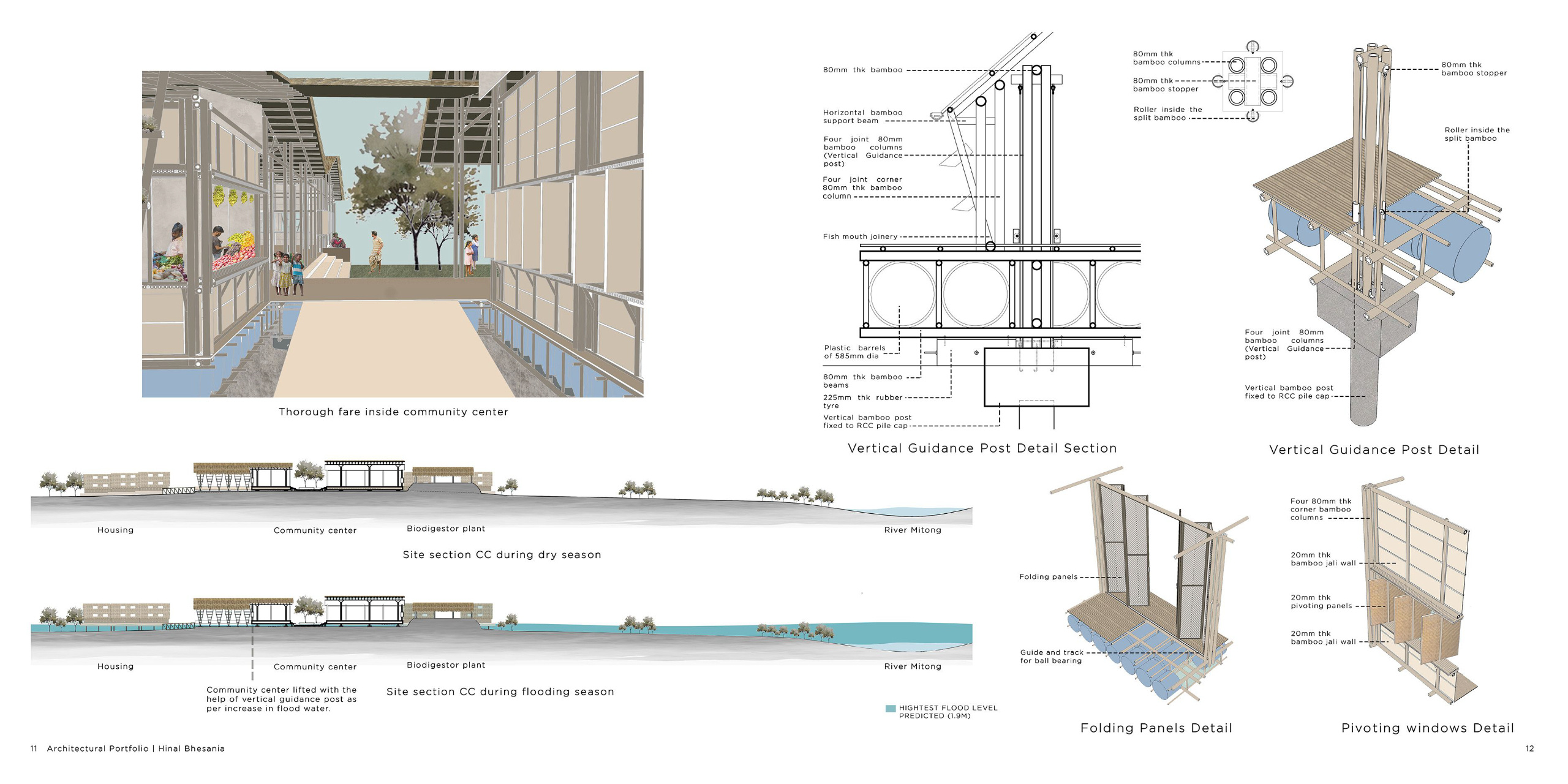 A sustainable architectural design featuring a bamboo-based floating community center adaptable to seasonal flooding. Detailed sections and 3D visuals showcase innovative use of vertical guidance posts, folding panels, and pivoting window details designed
