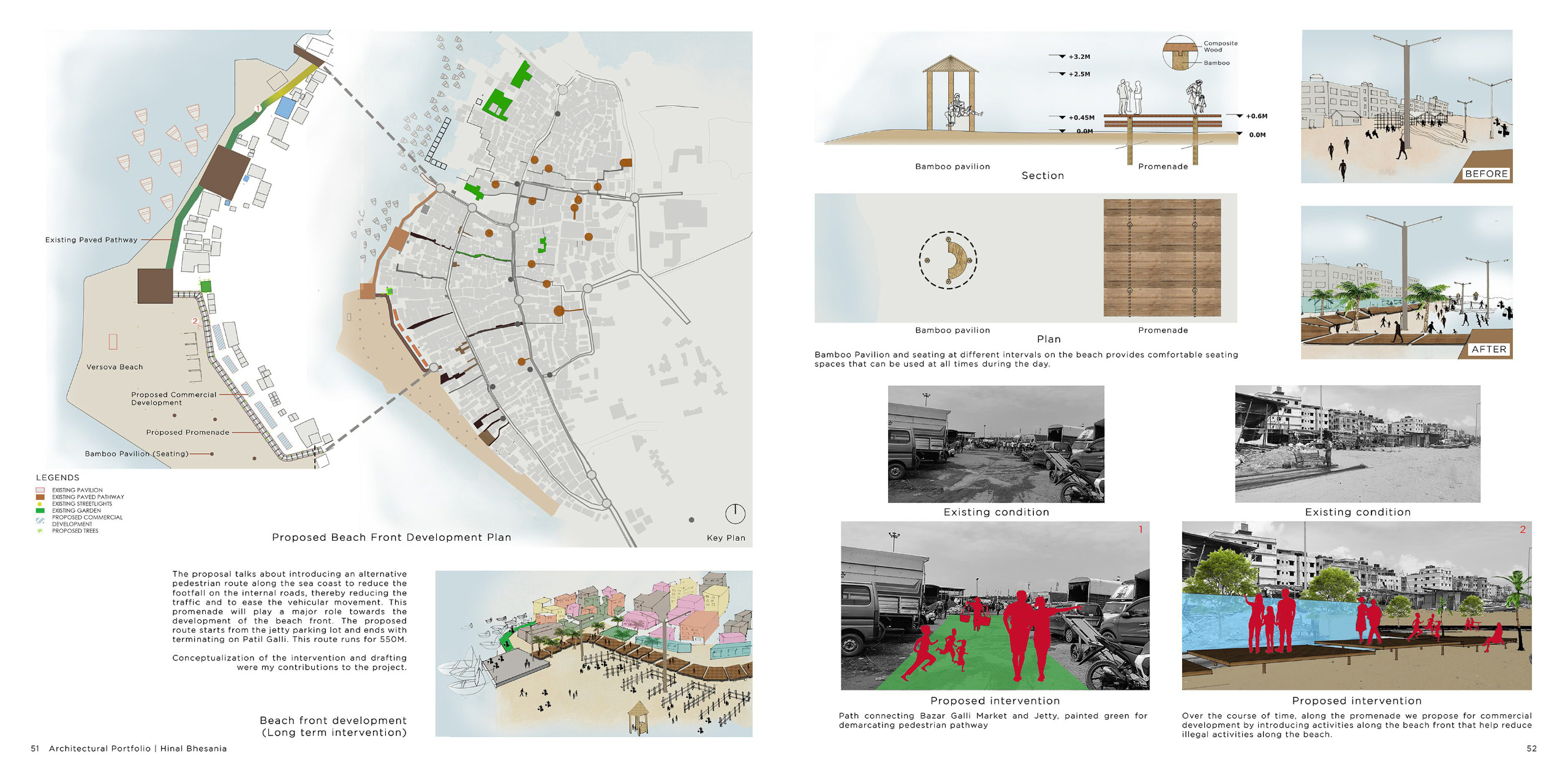 Proposal for pedestrian-friendly beachfront development featuring promenades, bamboo pavilions, and public gathering spaces. Illustrates the transformation of neglected areas into vibrant community zones with eco-sensitive design.