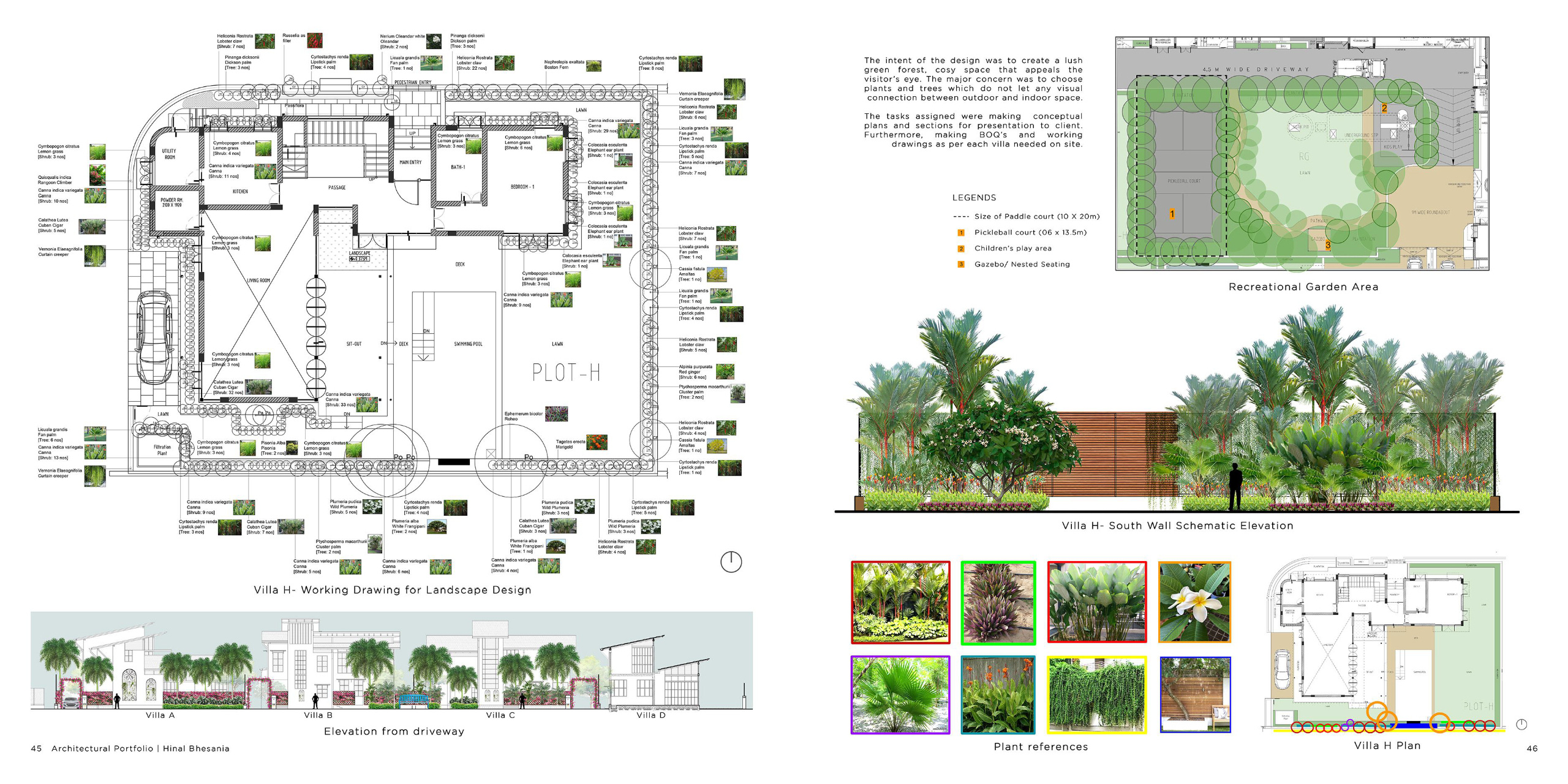 Detailed planting layout, elevation drawings, and landscape sections for Villa H. Focused on creating lush, cohesive outdoor environments with native plant references and aesthetic elevation compositions.