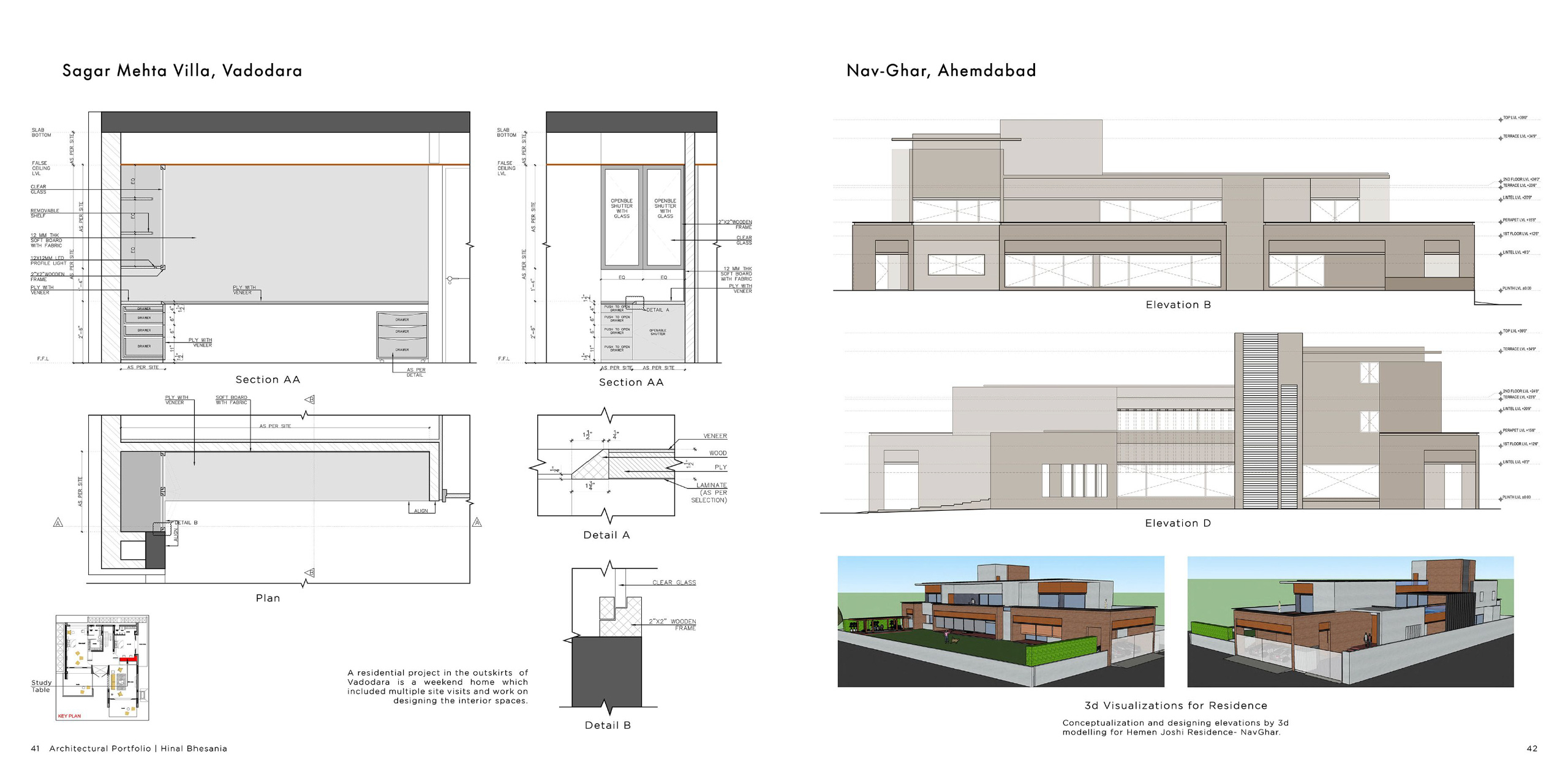 Detailed interior and elevation drawings for residential villas including study area detailing and 3D elevation visualizations. Showcases technical precision and design visualization for custom residential projects.