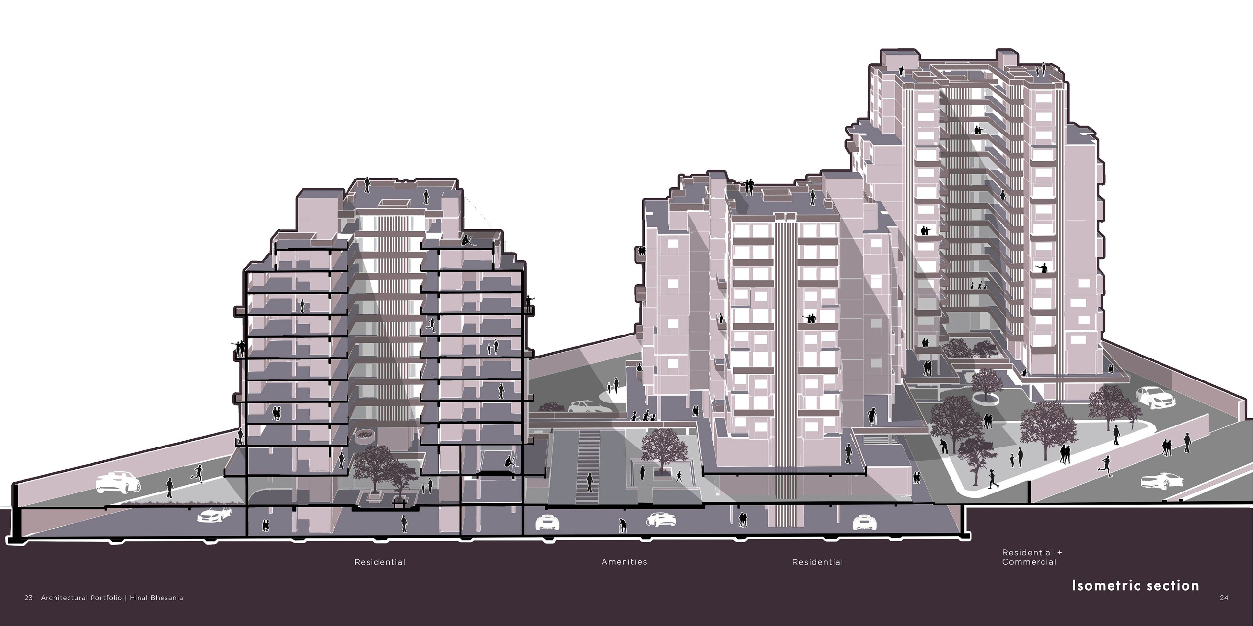 An isometric section visualizing residential and communal layers within a universal housing complex. The design integrates shared amenities and circulation zones to foster social interaction and accessibility.