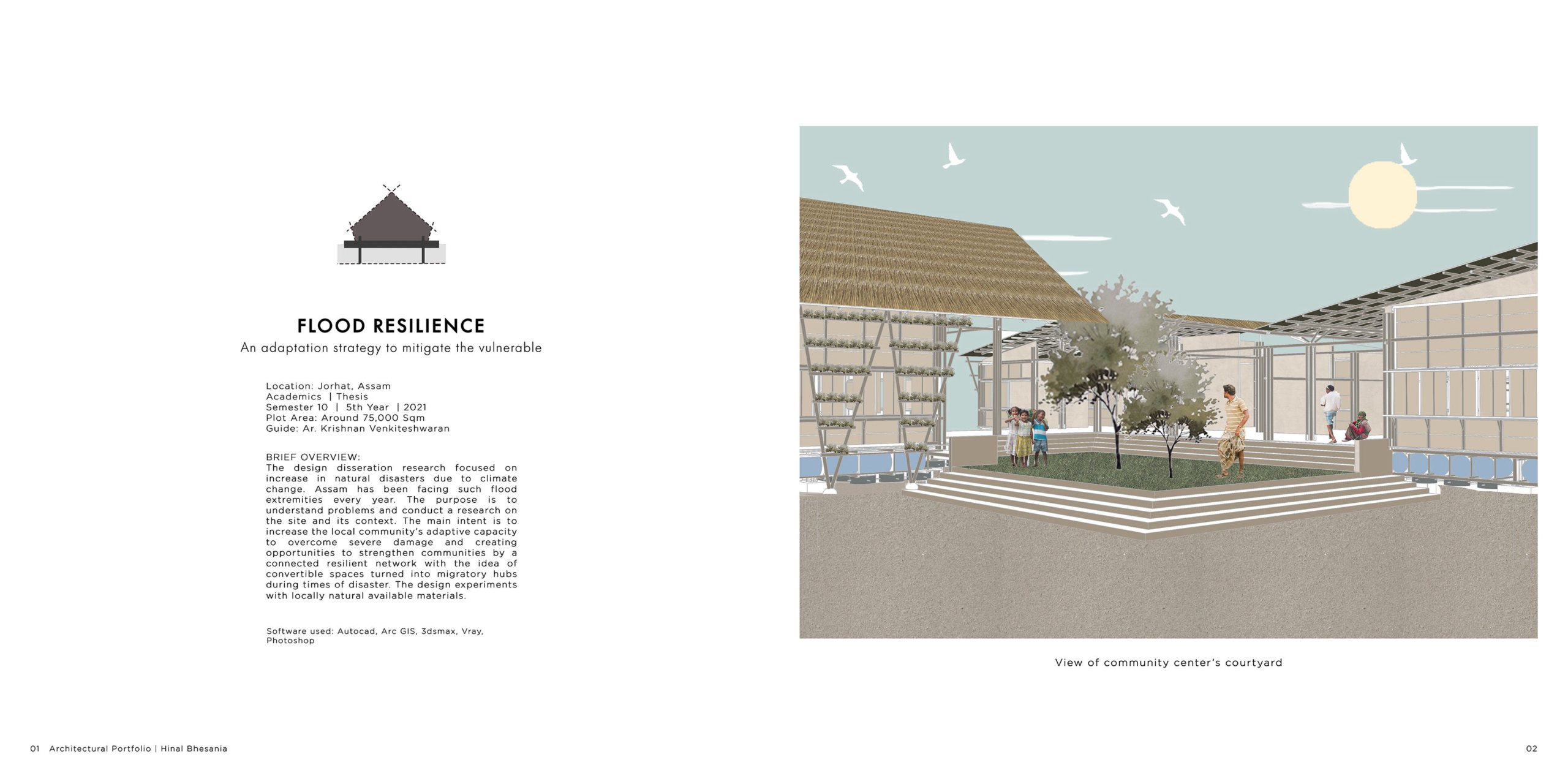 This page introduces the Flood Resilience thesis project in Jorhat, Assam, focusing on adaptive architectural strategies to mitigate climate-induced flooding. It outlines the research purpose, site conditions, and local material use to build sustainable, r