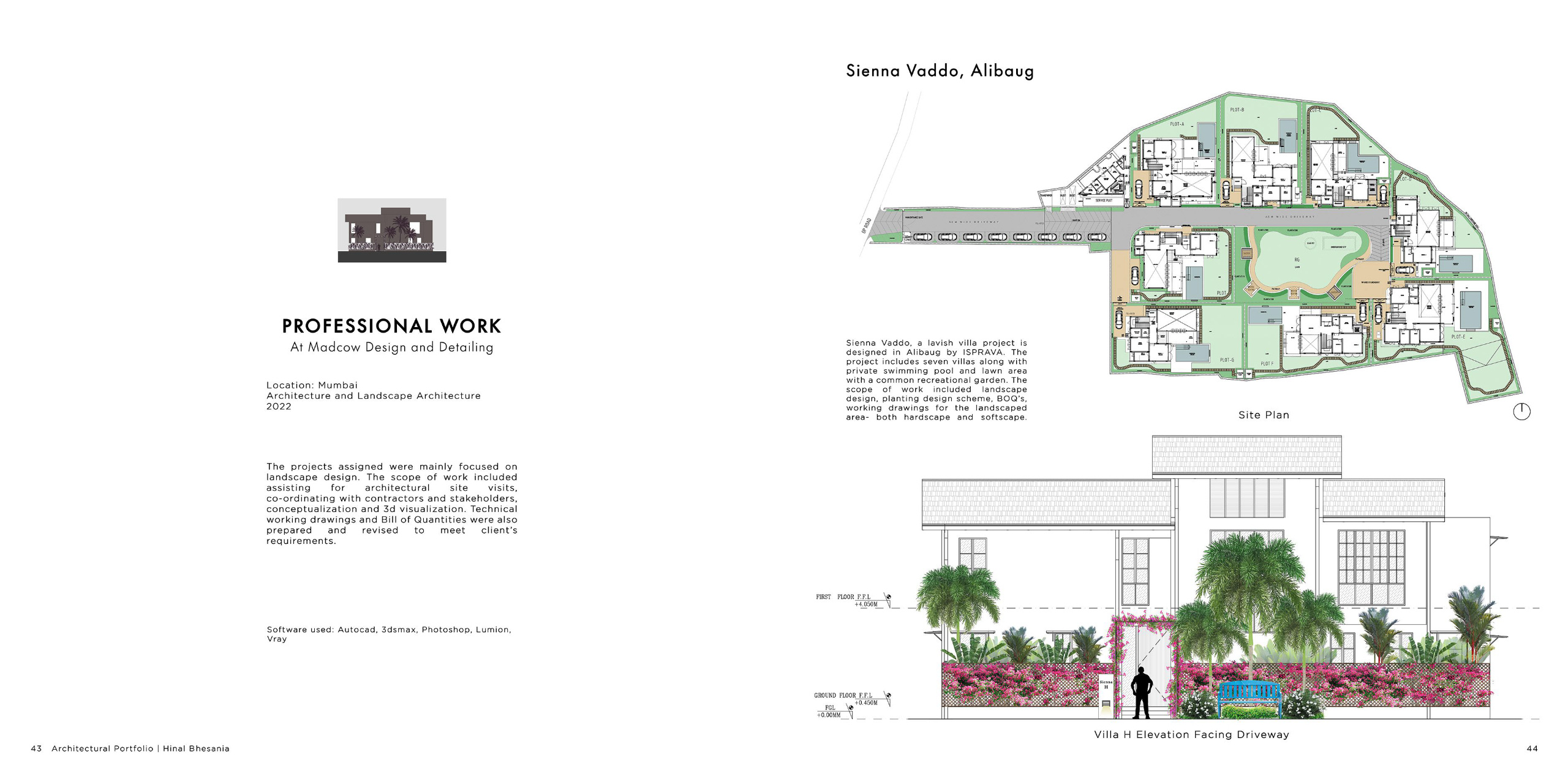 Professional landscape design drawings for luxury villas in Alibaug. Includes site planning, planting design, and villa elevation detailing for ISPRA VA’s Sienna Vaddo, executed using AutoCAD, Lumion, and Photoshop.