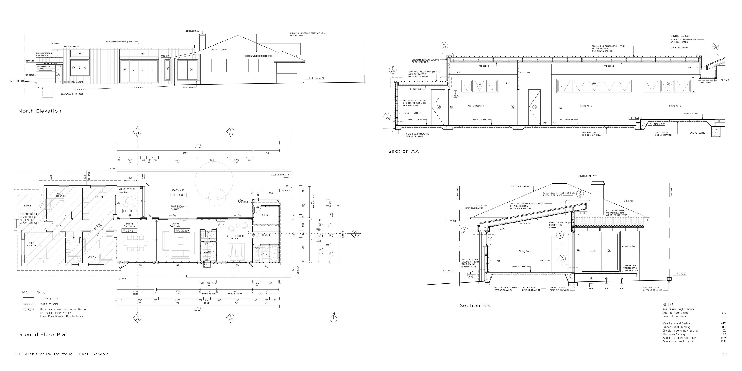 Detailed floor plans and sectional drawings depicting additions to a single-storey home. The design balances new functional spaces with existing structures for cohesive suburban living.