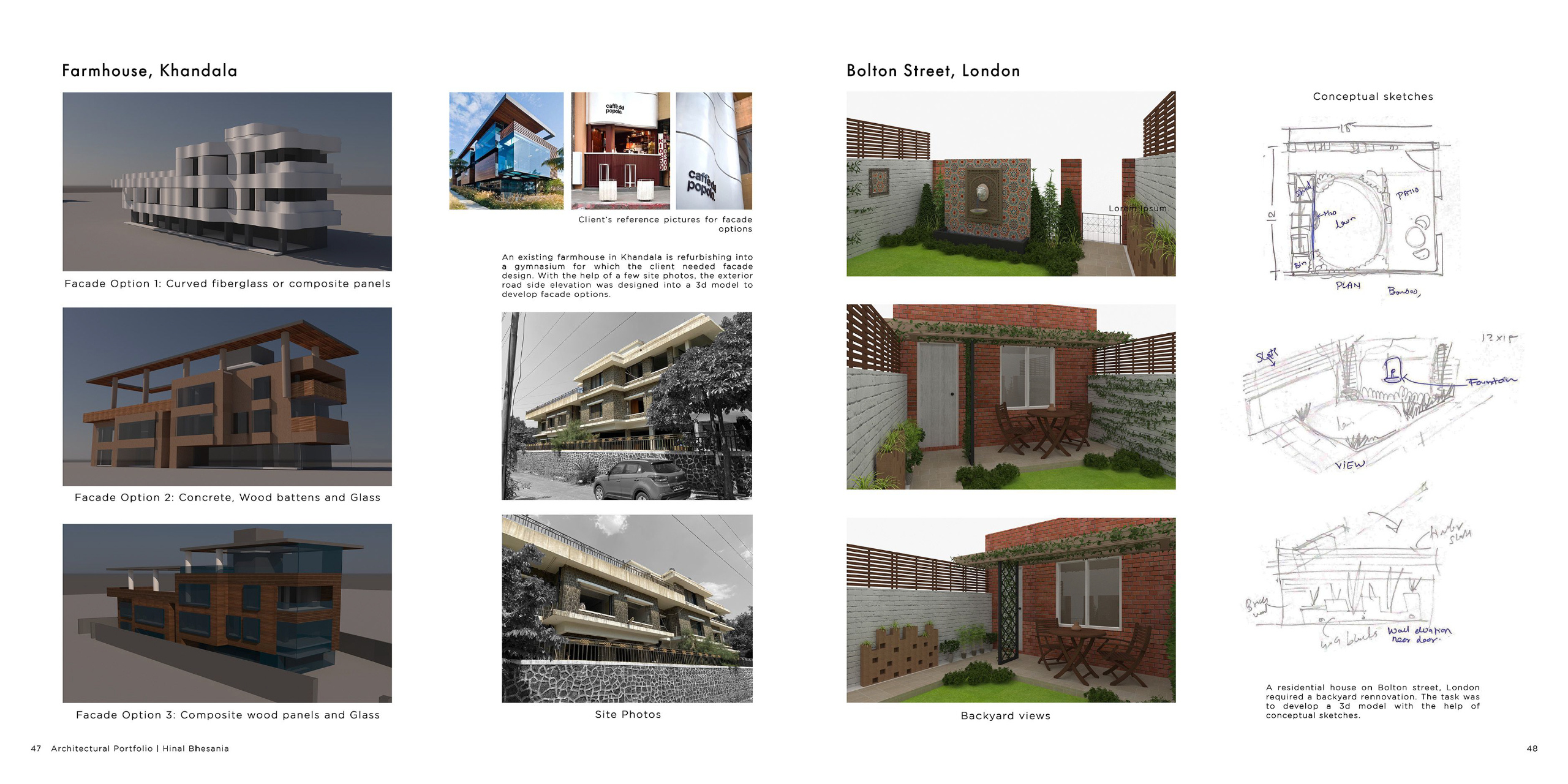 3D facade design concepts for a Khandala farmhouse and a backyard renovation project in London. Combines conceptual sketches, renderings, and site photos to demonstrate versatile design solutions.
