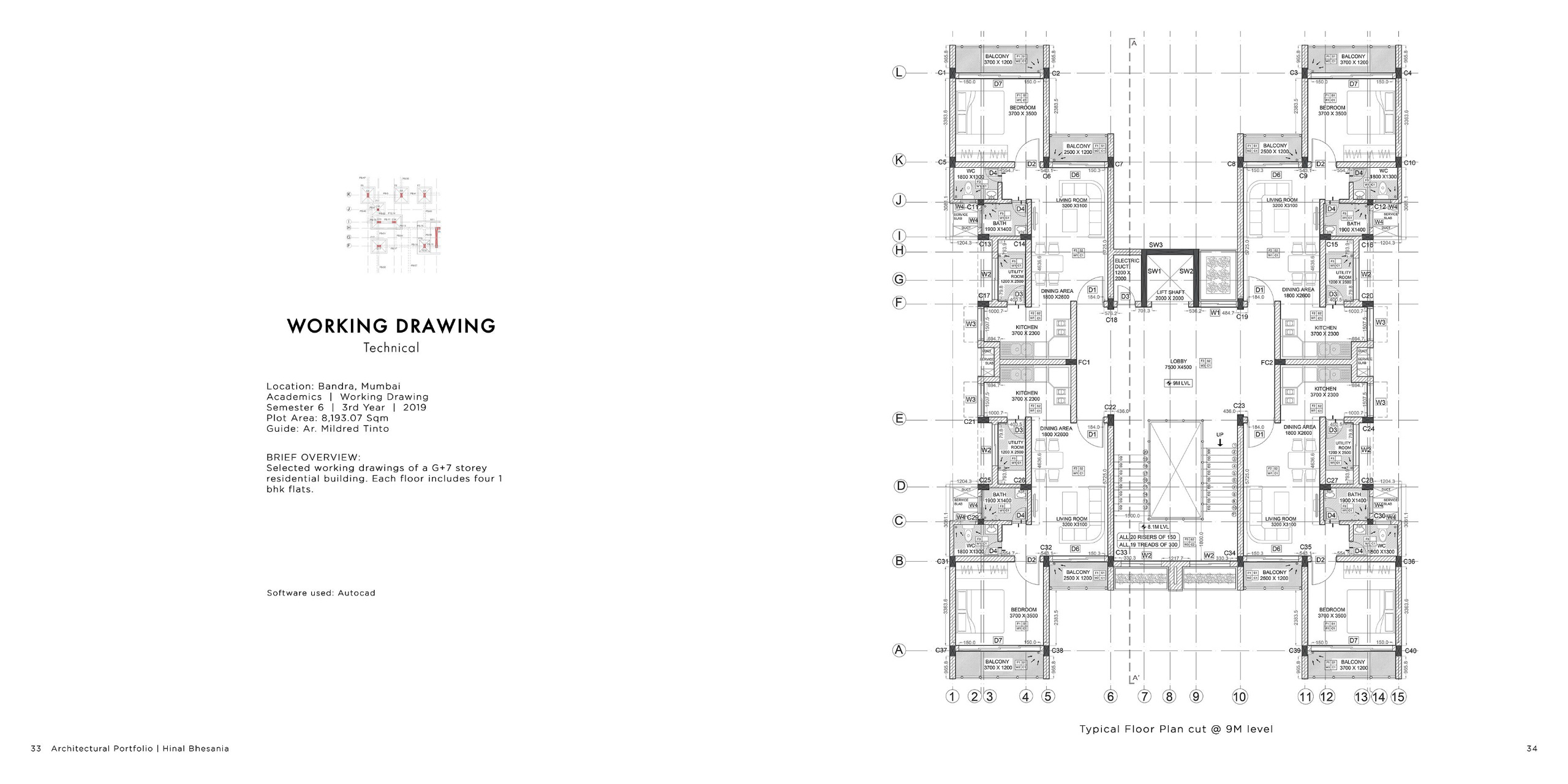 Detailed working drawing of a G+7 residential structure in Bandra, showcasing four 1BHK flats per floor. Created in AutoCAD, the plan illustrates technical precision in layout, circulation, and services at the 9M level.