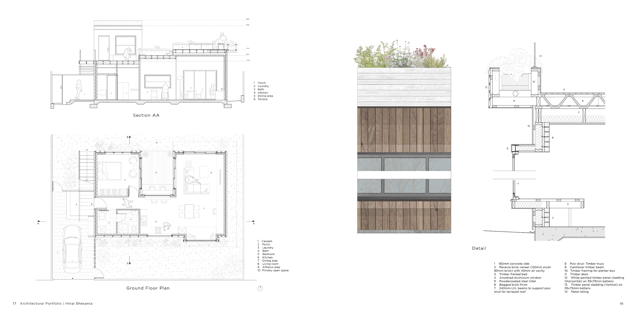 Detailed architectural section and floor plans of the resilient living module, highlighting construction methods, timber cladding, and eco-friendly material layers designed for adaptable suburban housing.