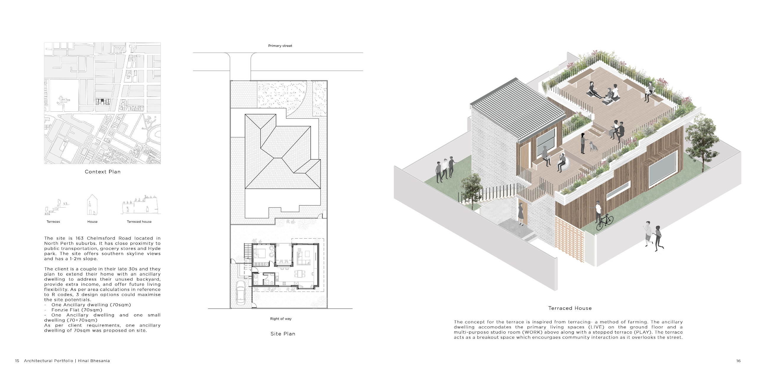 Context and site plans showing the design response to a suburban North Perth plot. The terraced house concept blends living, working, and communal spaces while enhancing urban density and neighborhood integration.