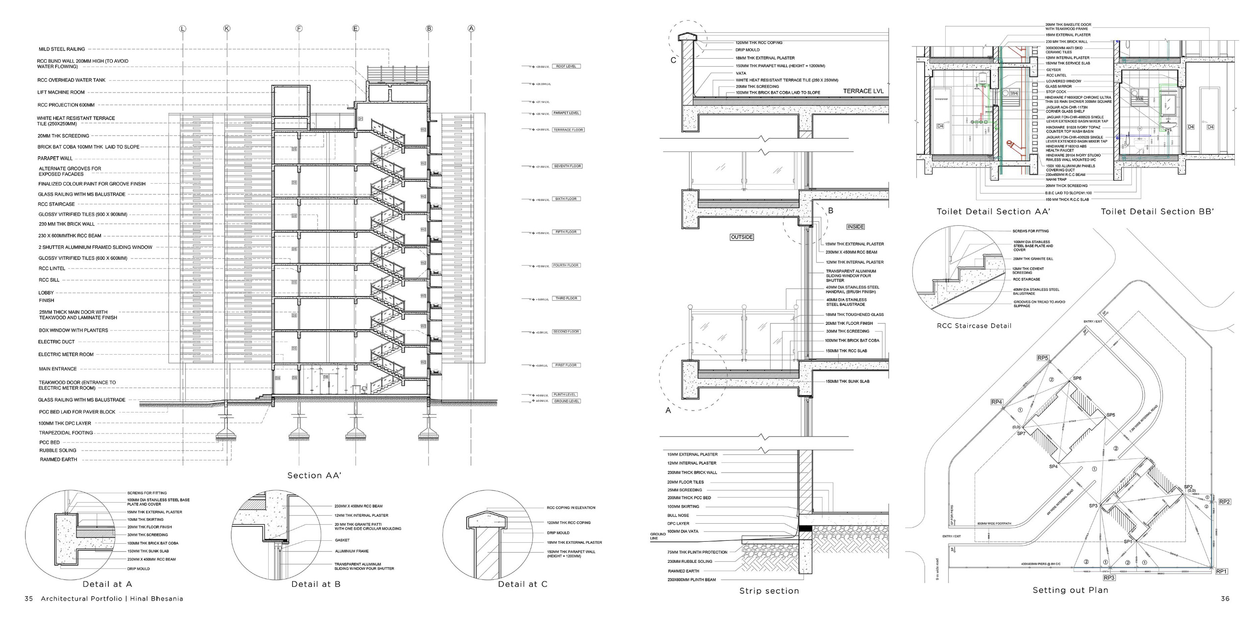Comprehensive technical drawings including section AA, toilet details, and staircase details. These AutoCAD drawings highlight precise material layers, waterproofing methods, and structural detailing essential for on-site construction.